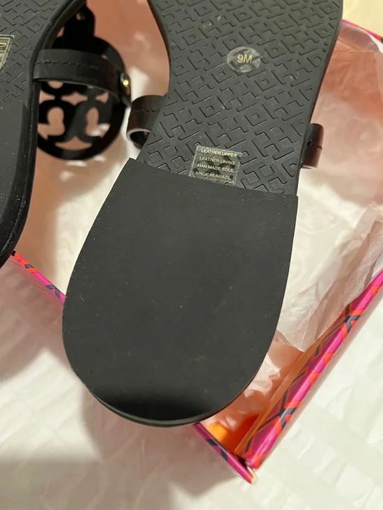 Tory Burch Miller Black Leather Logo Thong Sandals - Picture 8 of 11